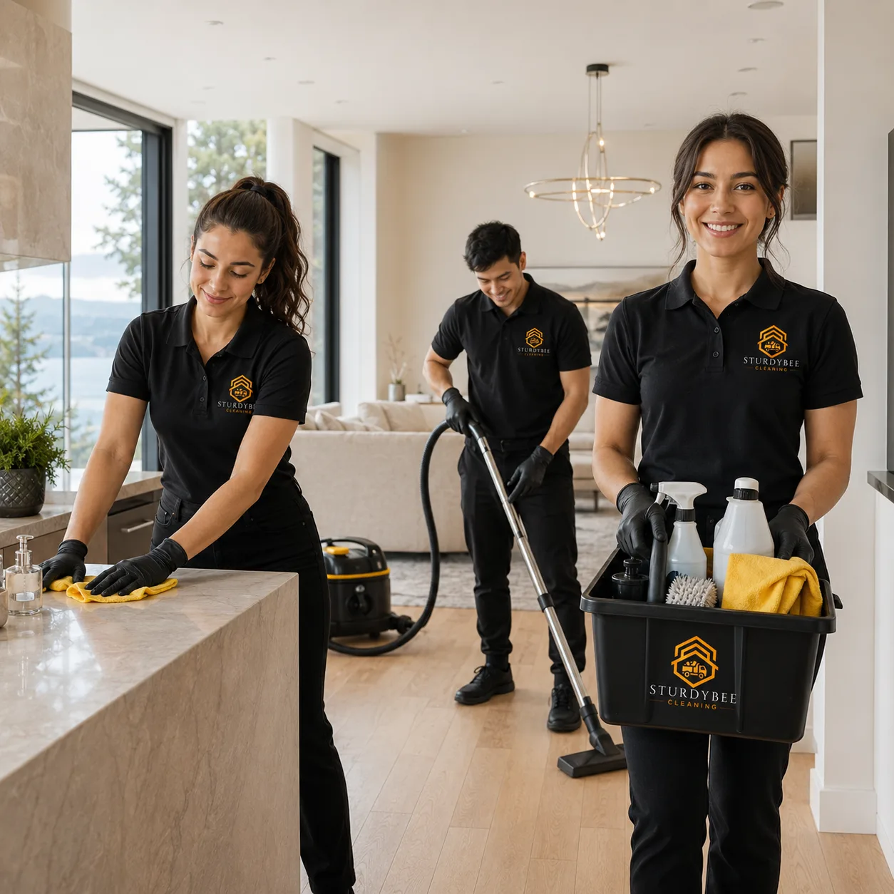 SturdyBee team cleaning a bright, modern Metro Vancouver home interior